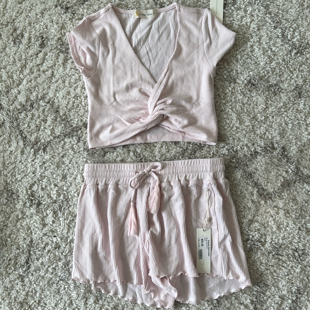 Pink Crop Top Set with High Waisted Shorts